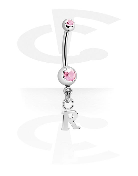Curved Barbells, Belly button ring (surgical steel, silver, shiny finish) with charm with letter "R" and crystal stones, Surgical Steel 316L, Plated Brass