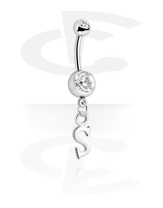 Curved Barbells, Belly button ring (surgical steel, silver, shiny finish) with charm with letter "S" and crystal stones, Surgical Steel 316L, Plated Brass