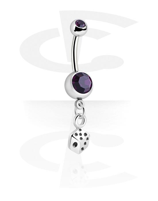 Curved Barbells, Belly button ring (surgical steel, silver, shiny finish) with Jewelled Balls and dice charm, Surgical Steel 316L, Plated Brass