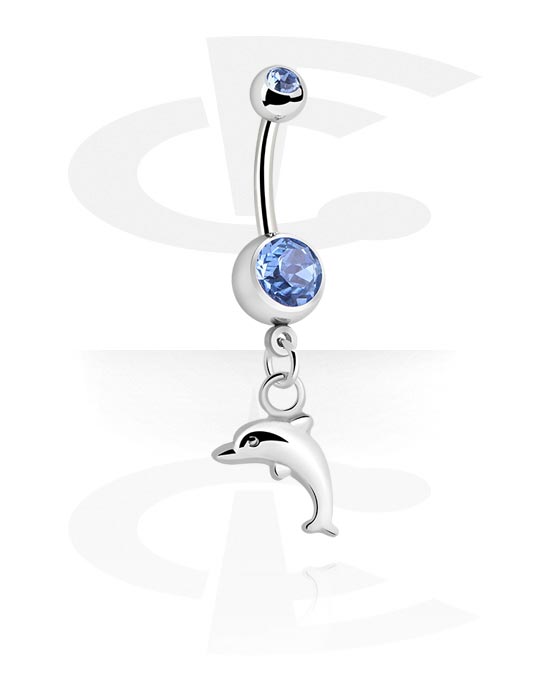 Curved Barbells, Belly button ring (surgical steel, silver, shiny finish) with Jewelled Balls and dolphin charm, Surgical Steel 316L, Plated Brass