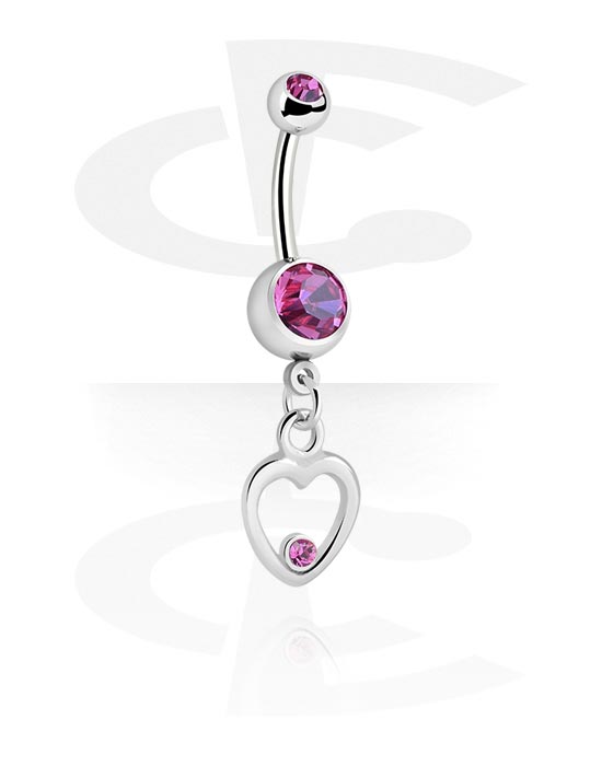 Curved Barbells, Belly button ring (surgical steel, silver, shiny finish) with Jewelled Balls and heart charm, Surgical Steel 316L, Plated Brass
