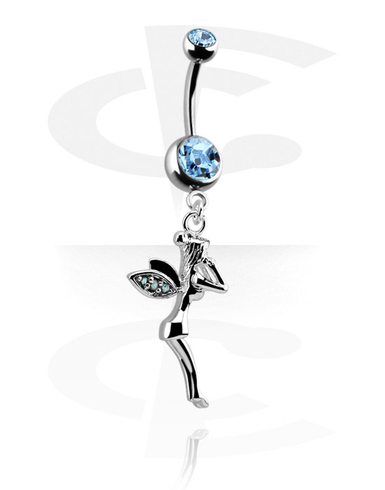 Curved Barbells, Belly button ring (surgical steel, silver, shiny finish) with fairy charm and crystal stones, Surgical Steel 316L, Plated Brass