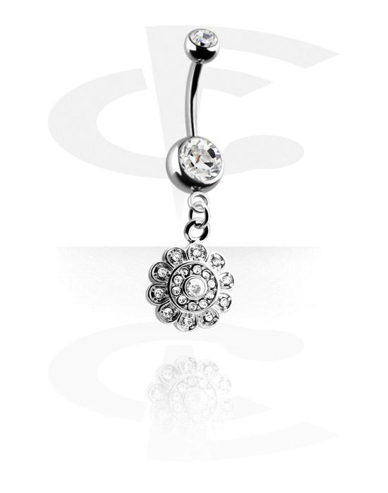 Bananer, Belly button ring (surgical steel, silver, shiny finish) med blom-berlock och kristallstenar, Kirurgiskt stål 316L, Överdragen mässing