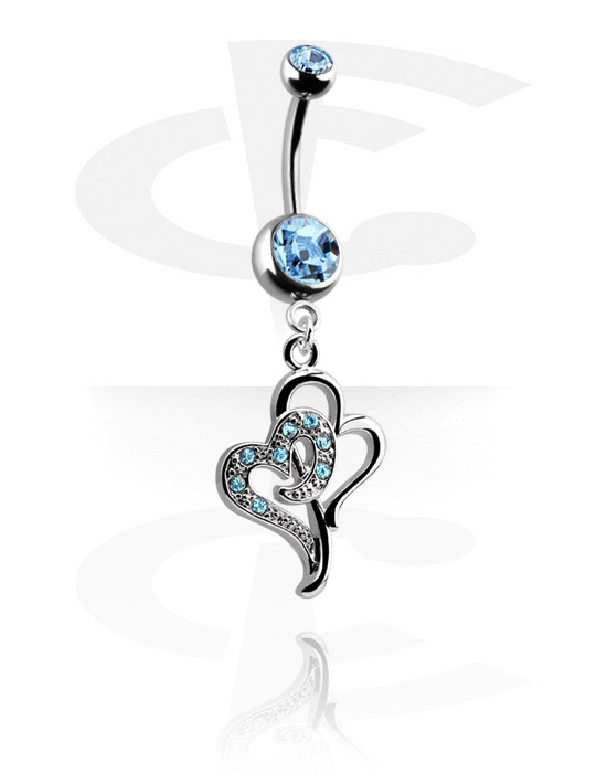 Curved Barbells, Belly button ring (surgical steel, silver, shiny finish) with heart charm and crystal stones, Surgical Steel 316L, Plated Brass