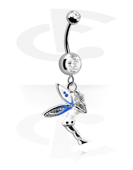 Curved Barbells, Belly button ring (surgical steel, silver, shiny finish) with fairy charm and crystal stones, Surgical Steel 316L, Plated Brass