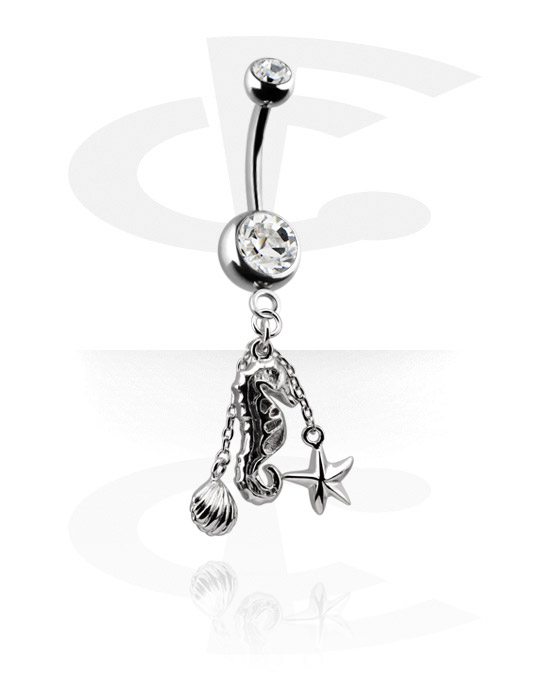 Curved Barbells, Belly button ring (surgical steel, silver, shiny finish) with seahorse charm and crystal stones, Surgical Steel 316L, Plated Brass