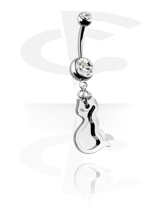 Curved Barbells, Belly button ring (surgical steel, silver, shiny finish) with cat charm and crystal stones, Surgical Steel 316L, Plated Brass