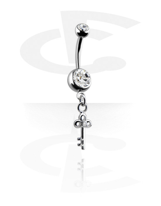 Curved Barbells, Belly button ring (surgical steel, silver, shiny finish) with key charm and crystal stones, Surgical Steel 316L, Plated Brass