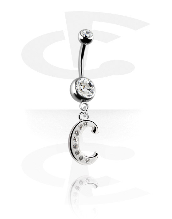Bananer, Belly button ring (surgical steel, silver, shiny finish) med charm with letter "C" och kristallstenar, Kirurgiskt stål 316L, Överdragen mässing