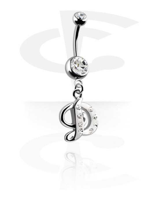 Curved Barbells, Belly button ring (surgical steel, silver, shiny finish) with charm with letter "D" and crystal stones, Surgical Steel 316L, Plated Brass