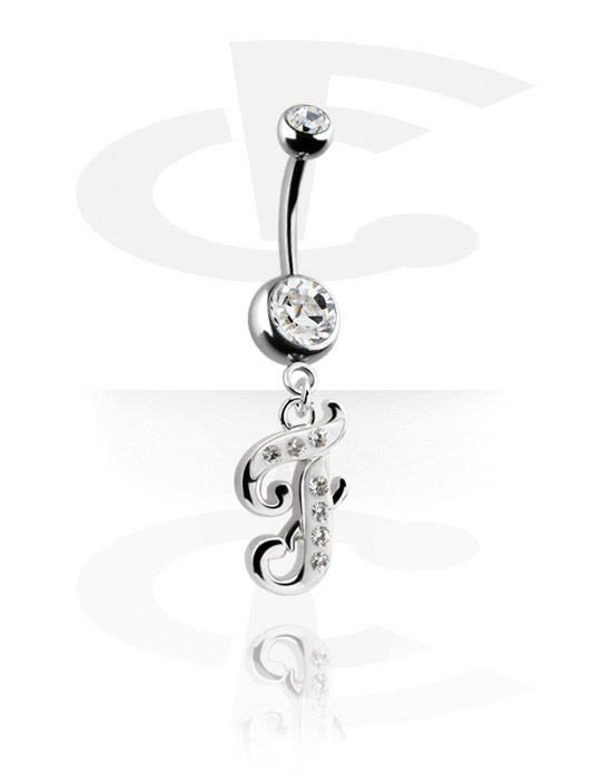 Curved Barbells, Belly button ring (surgical steel, silver, shiny finish) with charm with letter "F" and crystal stones, Surgical Steel 316L ,  Plated Brass