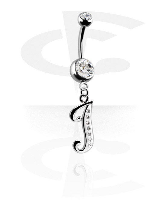 Curved Barbells, Belly button ring (surgical steel, silver, shiny finish) with charm with letter "I" and crystal stones, Surgical Steel 316L, Plated Brass