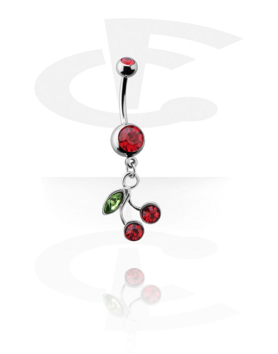 Curved Barbells, Belly button ring (surgical steel, silver, shiny finish) with cherry charm and crystal stones, Surgical Steel 316L, Plated Brass