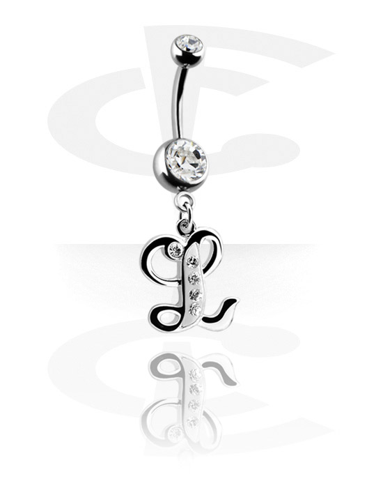 Curved Barbells, Belly button ring (surgical steel, silver, shiny finish) with charm with letter "L" and charm, Surgical Steel 316L, Plated Brass