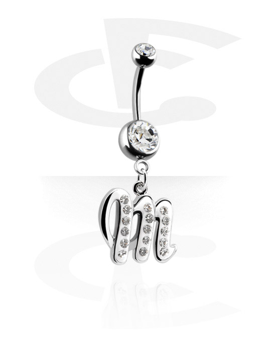 Ívelt barbellek, Belly button ring (surgical steel, silver, shiny finish) val vel charm with letter "M" és Kristálykövek, Sebészeti acél, 316L, Bevonatos sárgaréz