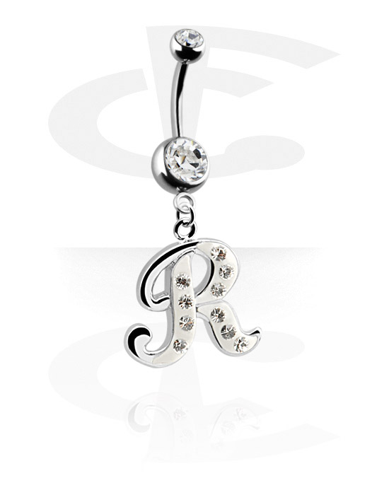 Bananer, Belly button ring (surgical steel, silver, shiny finish) med charm with letter "R" och kristallstenar, Kirurgiskt stål 316L, Överdragen mässing