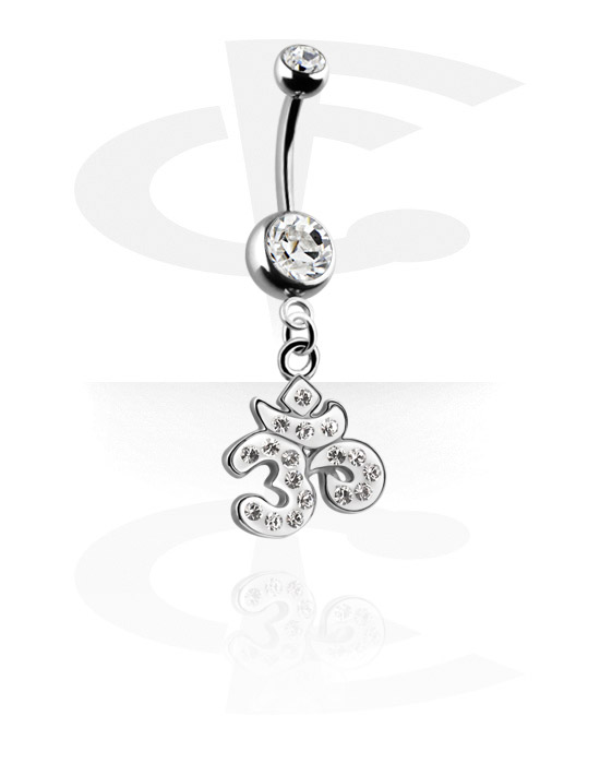Curved Barbells, Belly button ring (surgical steel, silver, shiny finish) with Om' charm and crystal stones, Surgical Steel 316L, Plated Brass