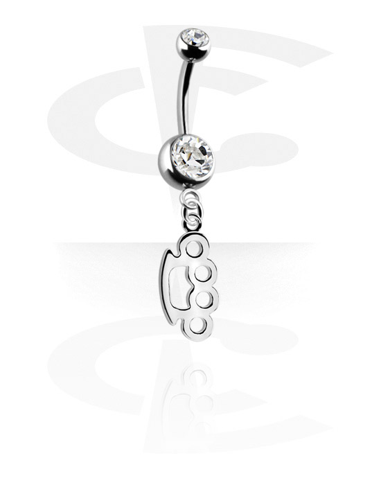 Curved Barbells, Belly button ring (surgical steel, silver, shiny finish) with brass knuckles charm and crystal stones, Surgical Steel 316L, Plated Brass