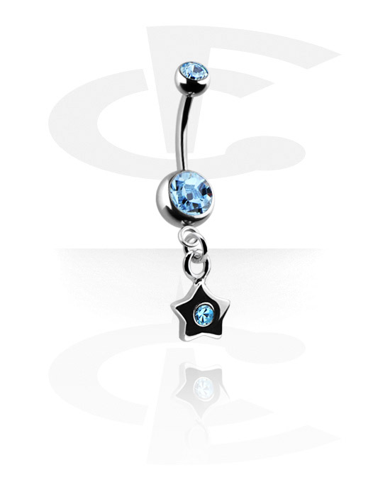 Curved Barbells, Belly button ring (surgical steel, silver, shiny finish) with star charm and crystal stones, Surgical Steel 316L, Plated Brass