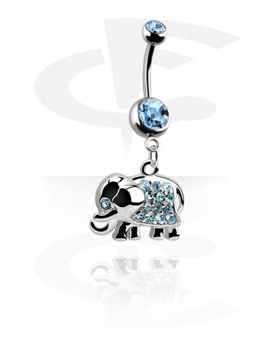 Curved Barbells, Belly button ring (surgical steel, silver, shiny finish) with elephant charm and crystal stones, Surgical Steel 316L, Plated Brass