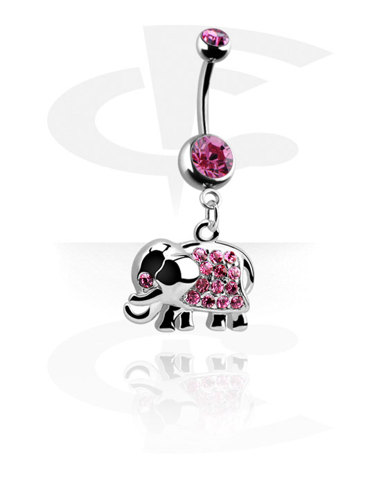 Curved Barbells, Belly button ring (surgical steel, silver, shiny finish) with elephant charm and crystal stones, Surgical Steel 316L, Plated Brass