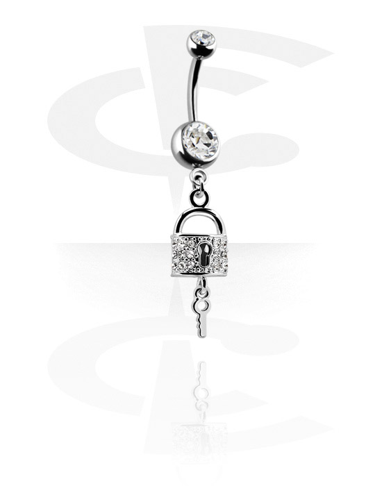 Curved Barbells, Belly button ring (surgical steel, silver, shiny finish) with padlock charm and crystal stones, Surgical Steel 316L, Plated Brass
