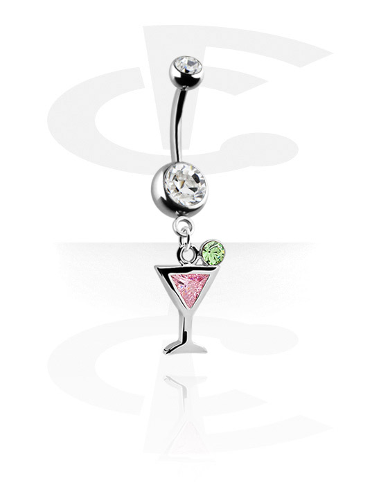 Curved Barbells, Belly button ring (surgical steel, silver, shiny finish) with cocktail charm and crystal stones, Surgical Steel 316L, Plated Brass