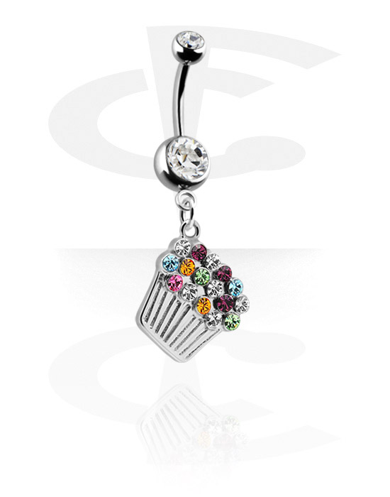 Curved Barbells, Belly button ring (surgical steel, silver, shiny finish) with Jewelled Balls and charm, Surgical Steel 316L, Plated Brass