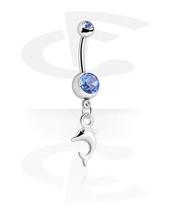 Curved Barbells, Belly button ring (surgical steel, silver, shiny finish) with dolphin charm and crystal stones, Surgical Steel 316L, Plated Brass