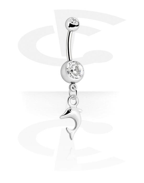 Bananer, Belly button ring (surgical steel, silver, shiny finish) med delfinhängsmycke och kristallstenar, Kirurgiskt stål 316L, Överdragen mässing
