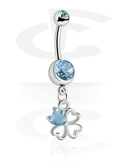 Curved Barbells, Belly button ring (surgical steel, silver, shiny finish) with cloverleaf charm and crystal stones, Surgical Steel 316L, Plated Brass