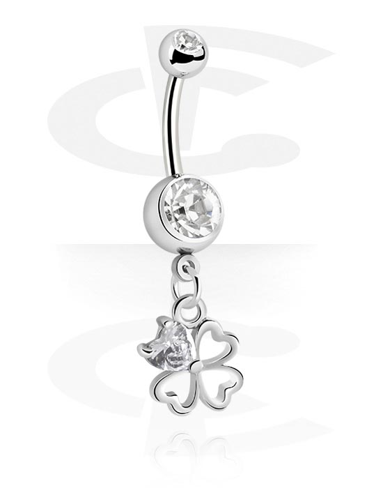 Bananer, Belly button ring (surgical steel, silver, shiny finish) med cloverleaf charm och kristallstenar, Kirurgiskt stål 316L, Överdragen mässing