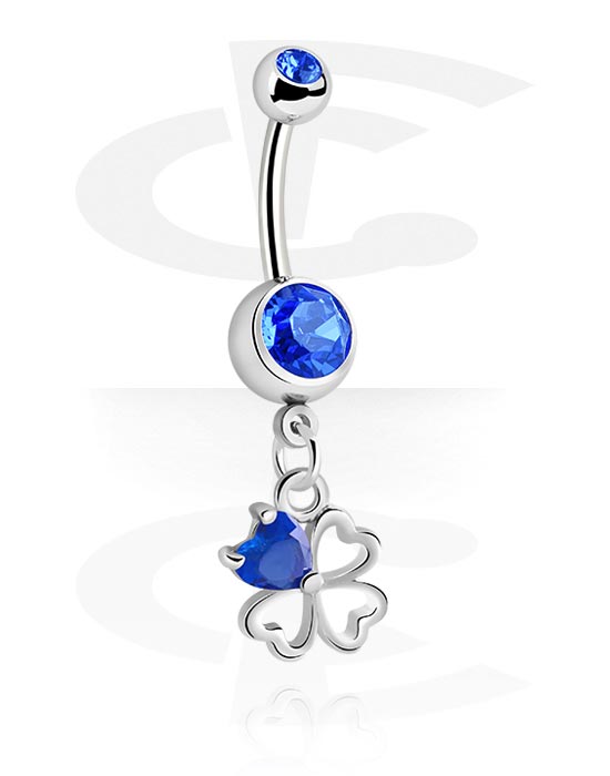 Curved Barbells, Belly button ring (surgical steel, silver, shiny finish) with cloverleaf charm and crystal stones, Surgical Steel 316L, Plated Brass