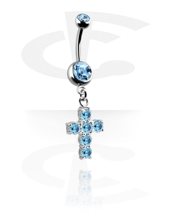 Curved Barbells, Belly button ring (surgical steel, silver, shiny finish) with cross charm and crystal stones, Surgical Steel 316L, Plated Brass