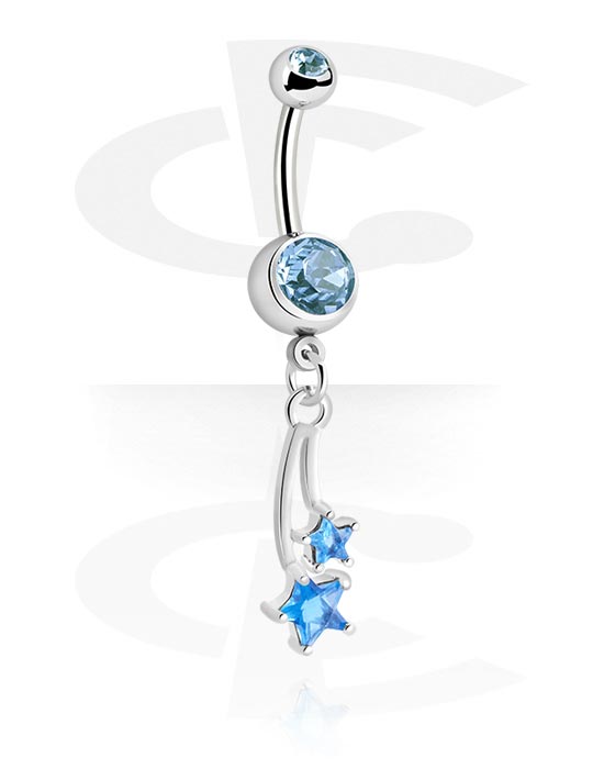 Curved Barbells, Belly button ring (surgical steel, silver, shiny finish) with star charm and crystal stones, Surgical Steel 316L, Plated Brass