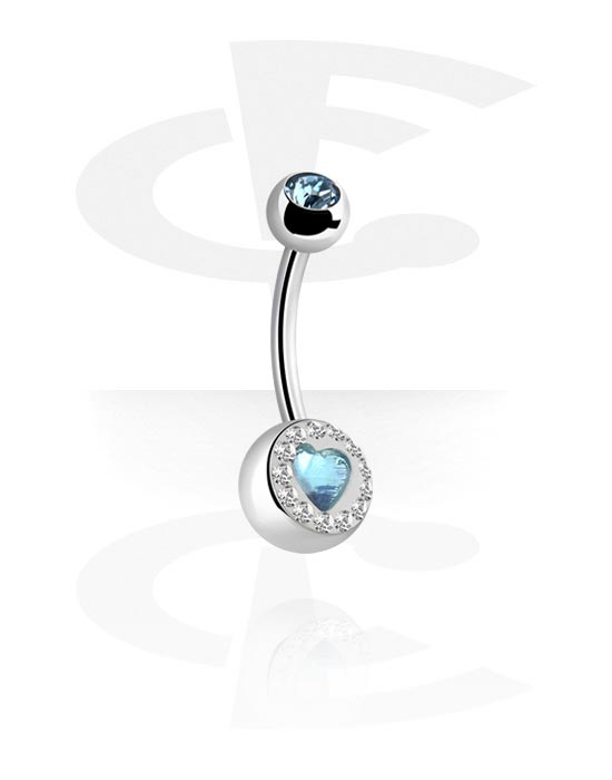Zaobljene šipkice, Prsten za pupak (kirurški čelik, srebrna, sjajna završna obrada) s dizajnom srca i kristalnim kamenjem, Kirurški čelik 316L