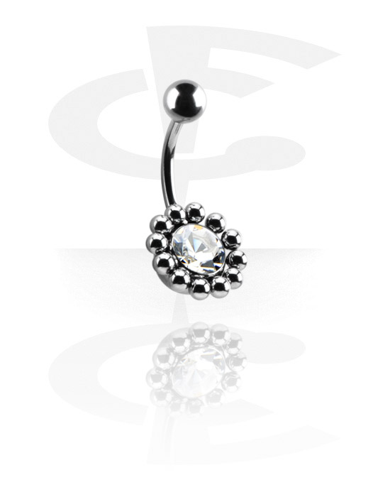 Curved Barbells, Belly button ring (surgical steel, silver, shiny finish) with flower design and crystal stone, Surgical Steel 316L