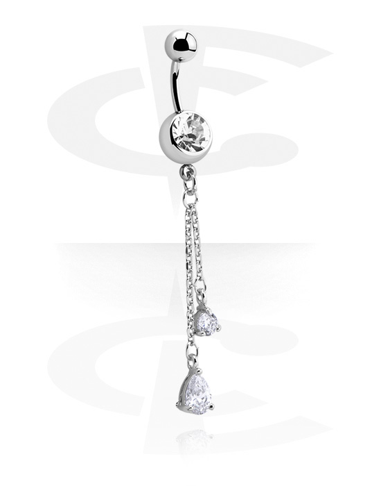 Buede stave, Navlering (kirurgisk stål, sølv, blank finish) med krystaller og charm, Kirurgisk stål 316L