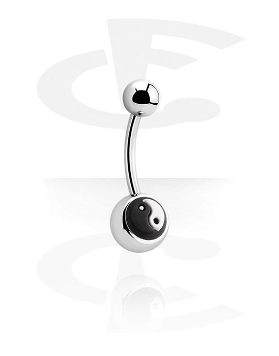 Curved Barbells, Belly button ring (surgical steel, silver, shiny finish) with Yin-Yang design, Surgical Steel 316L