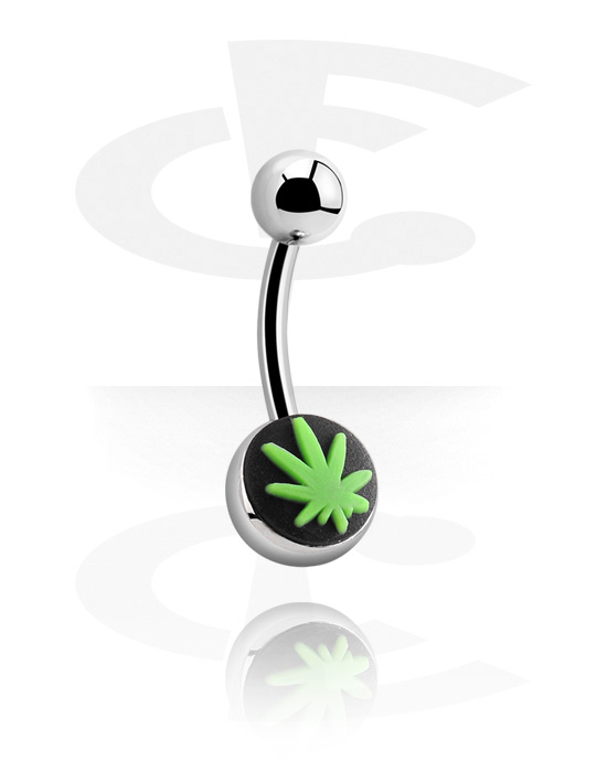 Curved Barbells, Belly button ring (surgical steel, silver, shiny finish) with Marijuana leaf, Surgical Steel 316L