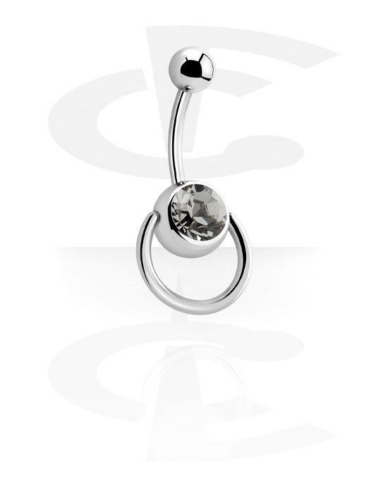Zaobljene šipkice, Prsten za pupak (kirurški čelik, srebrna, sjajna završna obrada) s kristalnim kamenom, Kirurški čelik 316L