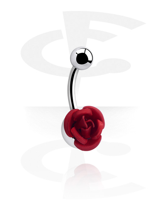 Zahnuté činky, Krúžok do pupku (chirurgická oceľ, strieborná, lesklý povrch) s motív ruže, Chirurgická oceľ 316L
