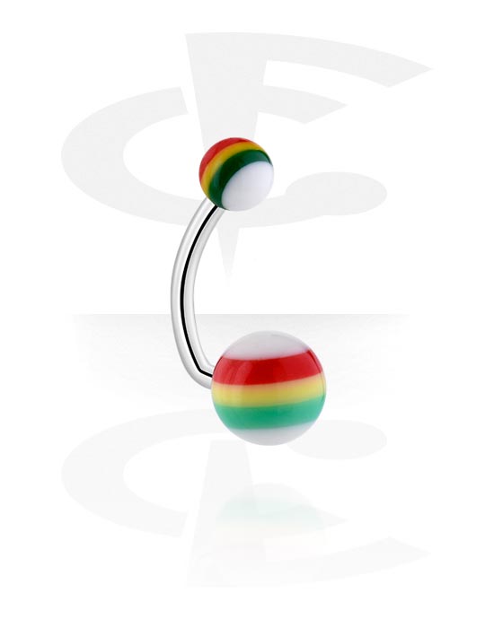 Curved Barbells, Belly button ring (surgical steel, silver, shiny finish) with acrylic balls and Jamaican colors, Surgical Steel 316L, Acrylic