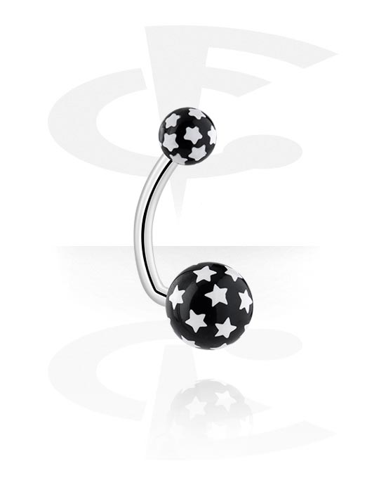 Ívelt barbellek, Belly button ring (surgical steel, silver, shiny finish) val vel acrylic balls és Csillag dizájn, Sebészeti acél, 316L, Akril
