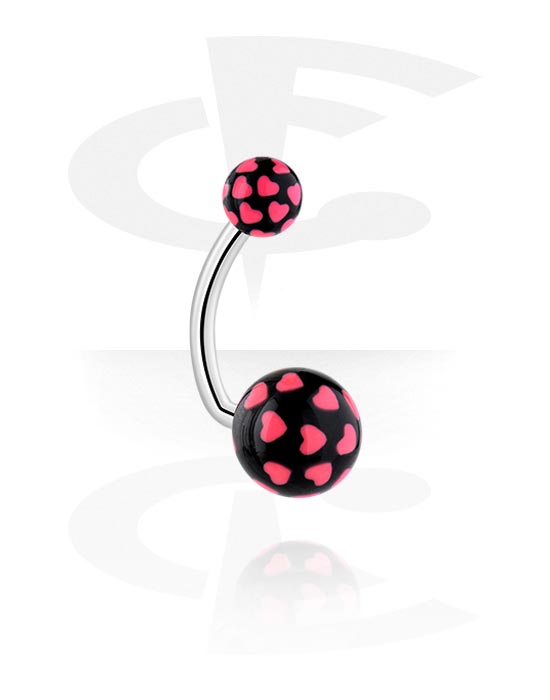 Curved Barbells, Belly button ring (surgical steel, silver, shiny finish) with acrylic balls and heart design, Surgical Steel 316L, Acrylic