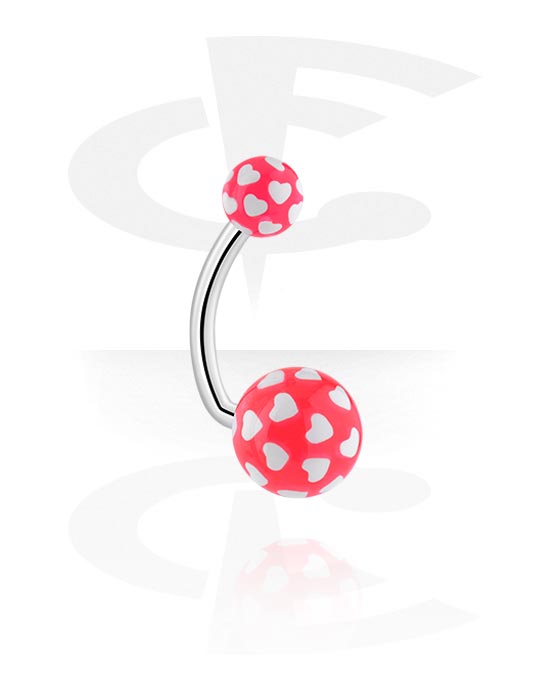 Curved Barbells, Belly button ring (surgical steel, silver, shiny finish) with acrylic balls and heart design, Surgical Steel 316L, Acrylic