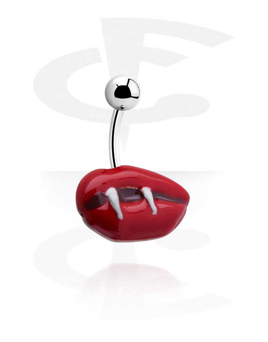 Curved Barbells, Belly button ring (surgical steel, silver, shiny finish) with red lips design, Surgical Steel 316L