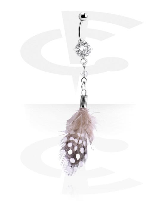 Curved Barbells, Belly button ring (surgical steel, silver, shiny finish) with feather charm and crystal stones, Surgical Steel 316L