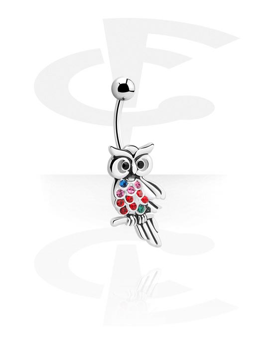 Curved Barbells, Belly button ring (surgical steel, silver, shiny finish) with owl design and crystal stones, Surgical Steel 316L