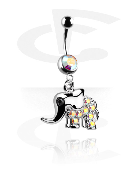Curved Barbells, Belly button ring (surgical steel, silver, shiny finish) with elephant charm and crystal stones, Surgical Steel 316L